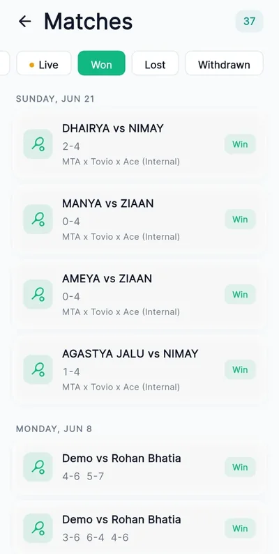 A list of completed matches with scores and results in the Tovio app
