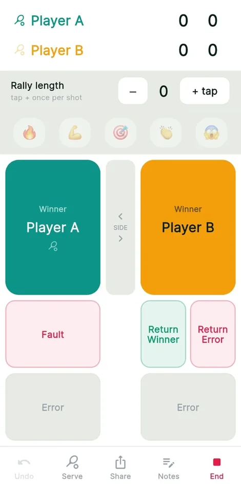 The Tovio app scoring screen, with a full-height point button for each side
