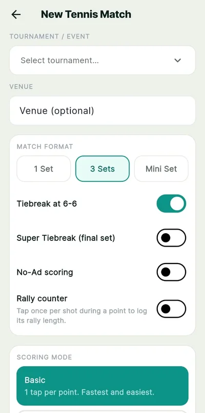 Setting up a new tennis match in the Tovio app — match format, tiebreak rules and scoring mode