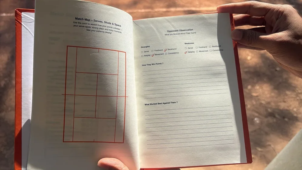 An open Mind Over Match spread showing the match chart — a court diagram for serves and shot patterns — alongside opponent observation notes