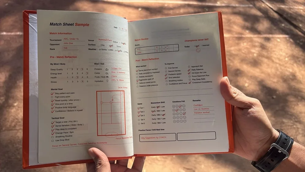 An open Mind Over Match spread showing a completed match sheet — pre-match reflection, mental and tactical goals, and a post-match review